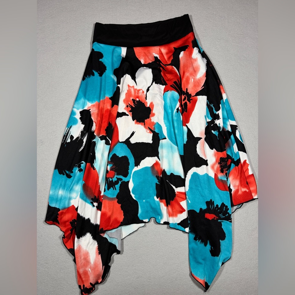 Double Click Handkerchief Hem Skirt Women M Abstract Floral Teal Red Asymetrical